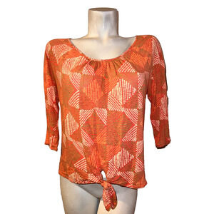 LUCKY BRAND Top Women's Size M Printed Scoop Neck Tie Hem Boho 3/4 Sleeve Tunic